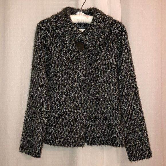 Tweeds M Wool Blend Olive Green Teal Gray White Boucle Chunky Knit Cardigan - Picture 1 of 15